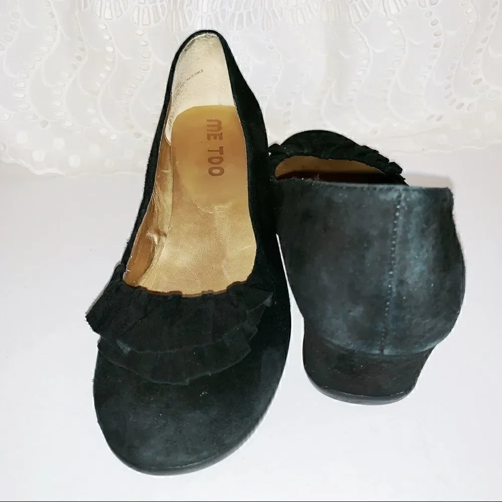 Me too black suede wedge pumps with ruffle  7.5